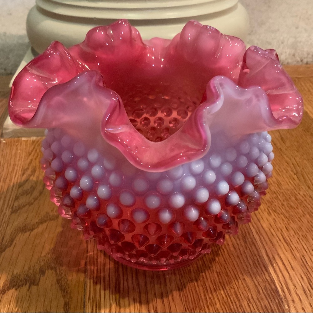 Fenton Bowl Vase Cranberry Opalescent Hobnail Vintage